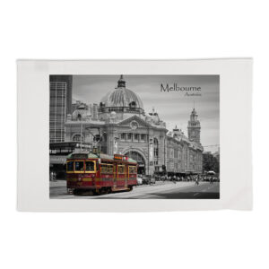 Tea Towel Organic Cotton White Melbourne B&W Red Tram