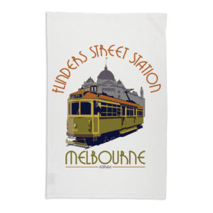 Tea Towel Organic Cotton White Melbourne Flinders Street Station Retro