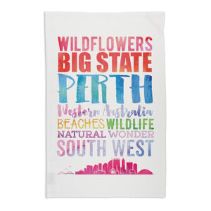 Tea Towel Organic Cotton White Perth Words Watercolour