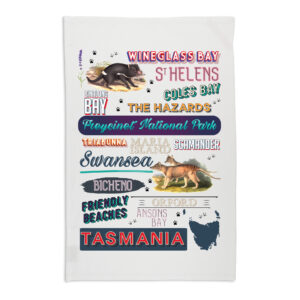 Tea Towel Organic Cotton White Tasmania East Coast Typography