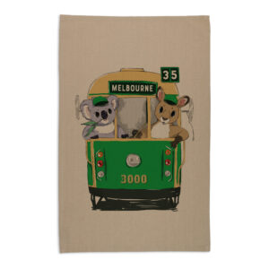 Tea Towel Organic Cotton Beige Green Tram with Animals Melbourne