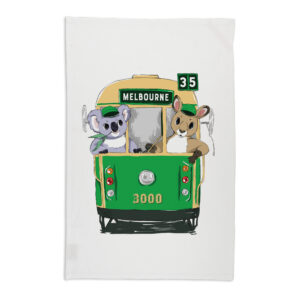 Tea Towel Organic Cotton White Green Tram with Animals Melbourne