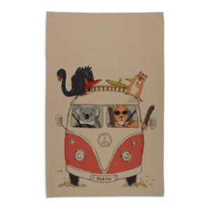 Tea Towel Organic Cotton Beige Kombi with Animals Red Perth WA