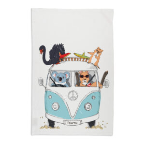 Tea Towel Organic Cotton White Kombi with Animals Blue Perth WA