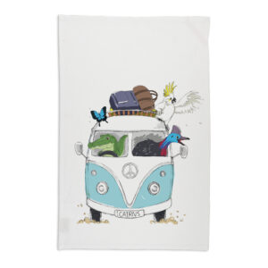 Tea Towel Organic Cotton White Kombi FNQ with Animals Blue Cairns