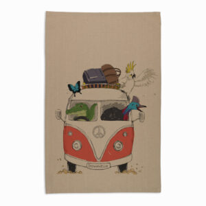Tea Towel Organic Cotton Beige Kombi FNQ with Animals Red Townsville