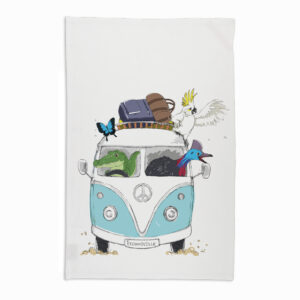 Tea Towel Organic Cotton White Kombi FNQ with Animals Blue Townsville