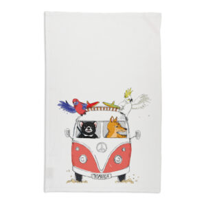 Tea Towel Organic Cotton White Kombi with Tasmanian Animals Tasmania Red