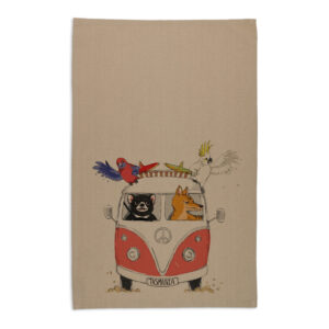 Tea Towel Organic Cotton Beige Kombi with Tasmanian Animals Tasmania Red