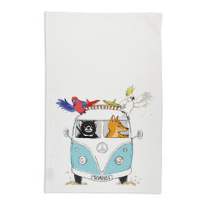 Tea Towel Organic Cotton White Kombi with Tasmanian Animals Tasmania Blue