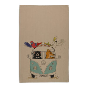 Tea Towel Organic Cotton Beige Kombi with Tasmanian Animals Tasmania Blue
