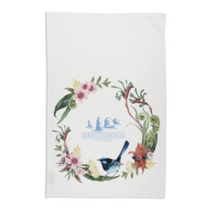 Tea Towel Organic Cotton White Botanical Floral Wreah with Wren Great Ocean Road
