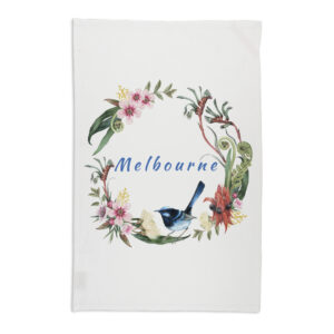 Tea Towel Organic Cotton White Floral Wreath Melbourne