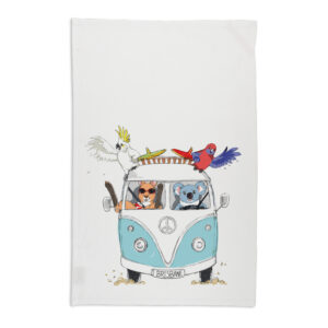 Tea Towel Organic Cotton White Blue Kombi Animals Brisbane