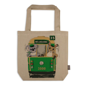 Tote Bag Organic Cotton Beige Green Tram with Animals Melbourne