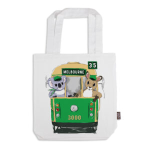 Tote Bag Organic Cotton White Green Tram with Animals Melbourne