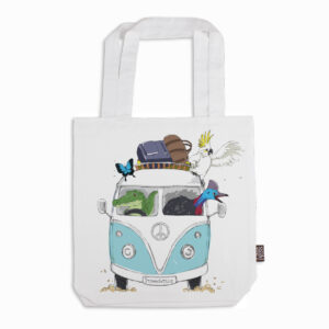 Tote Bag Organic Cotton White Kombi FNQ with Animals Blue Townsville