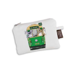 Purse Organic Cotton White Green Tram with Animals Melbourne