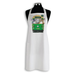 Apron Organic Cotton White Green Tram with Animals Melbourne