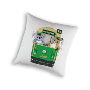 Cushion Cover Organic Cotton White Green Tram with Animals Melbourne