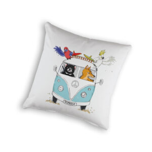 Cushion Cover Organic Cotton White Kombi with Tasmanian Animals Tasmania Blue