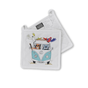 Pot Holder Organic Cotton White Blue Kombi Animals Brisbane