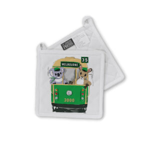 Pot Holder Organic Cotton White Green Tram with Animals Melbourne