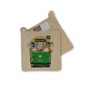 Pot Holder Organic Cotton Beige Green Tram with Animals Melbourne