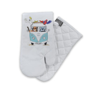 Oven Mitt Organic Cotton White Blue Kombi Animals Brisbane