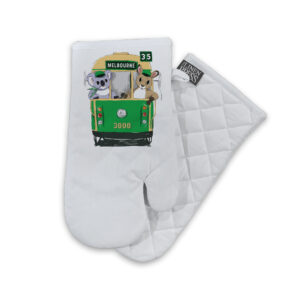Oven Mitt Organic Cotton White Green Tram with Animals Melbourne