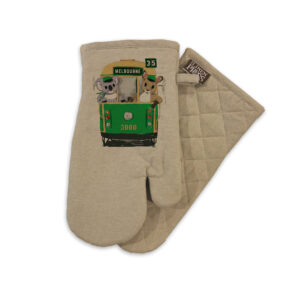 Oven Mitt Organic Cotton Beige Green Tram with Animals Melbourne