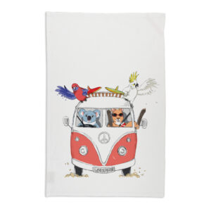 Tea Towel Organic Cotton White Red Kombi Great Ocean Road