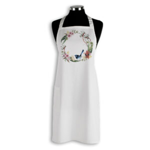 Apron Organic Cotton White Floral Wreath with Wren