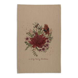 Tea Towel Organic Cotton Beige Waratah Very Merry Christmas
