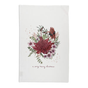 Tea Towel Organic Cotton White Waratah Very Merry Christmas