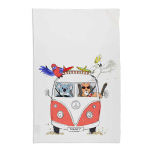 Tea Towel Organic Cotton White Red Kombi with Animals Manly