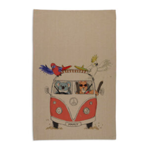 Tea Towel Organic Cotton Beige Red Kombi with Animals Manly