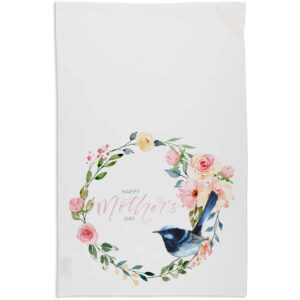 Tea Towel Organic Cotton White Floral Wreath Happy Mother's Day