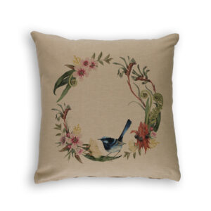 Cushion Cover Organic Cotton Beige Floral Wreath with Wren