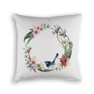 Cushion Cover Organic Cotton White Floral Wreath with Wren