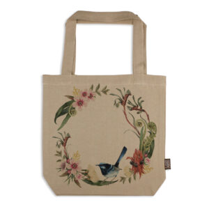 Tote Bag Organic Cotton Beige Floral Wreath with Wren