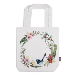Tote Bag Organic Cotton White Floral Wreath with Wren
