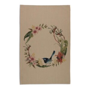 Tea Towel Organic Cotton Beige Floral Wreath with Wren