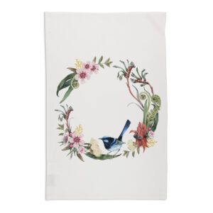 Tea Towel Organic Cotton White Floral Wreath with Wren