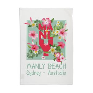 Tea Towel Organic Cotton White Manly Beach Flowers