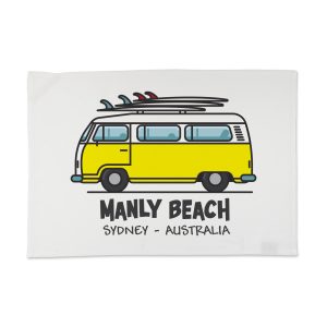 Tea Towel Organic Cotton White Manly Beach Yellow Kombi