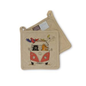 Pot Holder Organic Cotton Beige Red Kombi Animals Tasmania