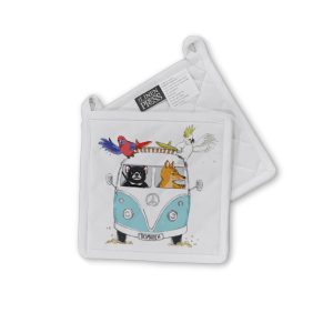Pot Holder Organic Cotton White Blue Kombi Animals Tasmania