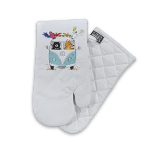 Oven Mitt Organic Cotton White Blue Kombi Animals Tasmania